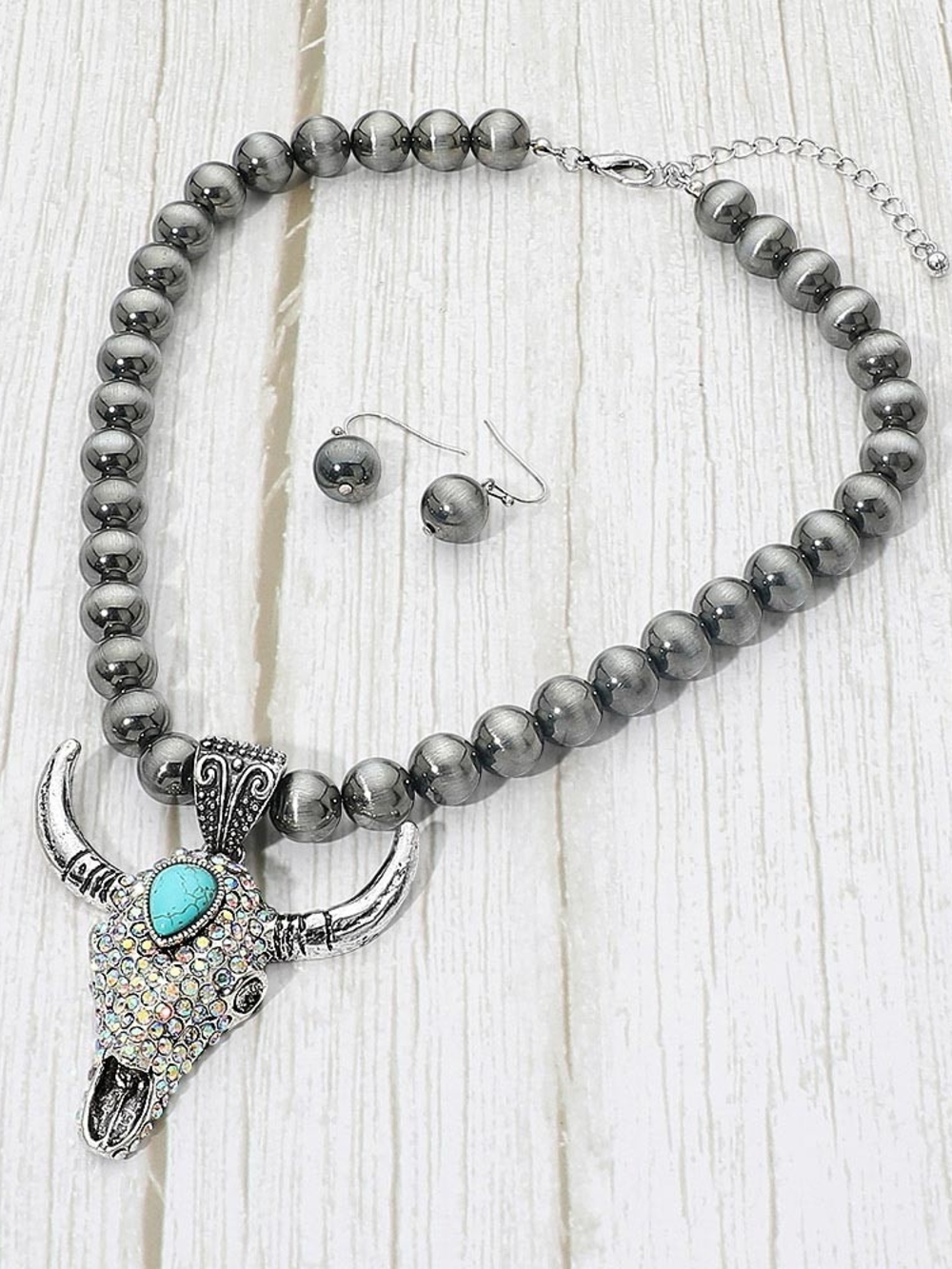 Turquoise Accent Silver Bead Bull Skull Necklace Set